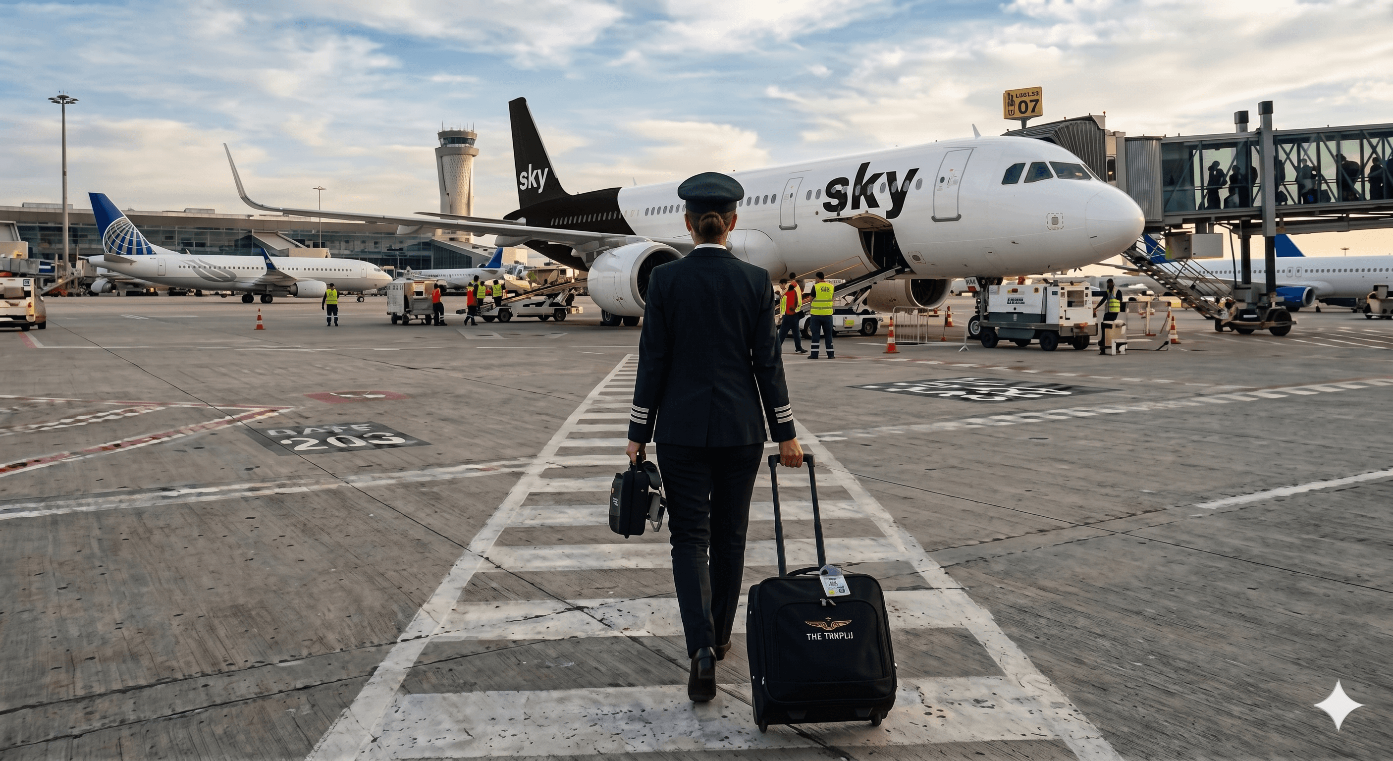Sky Aviation Group A320, captain walking to flight deck for line training